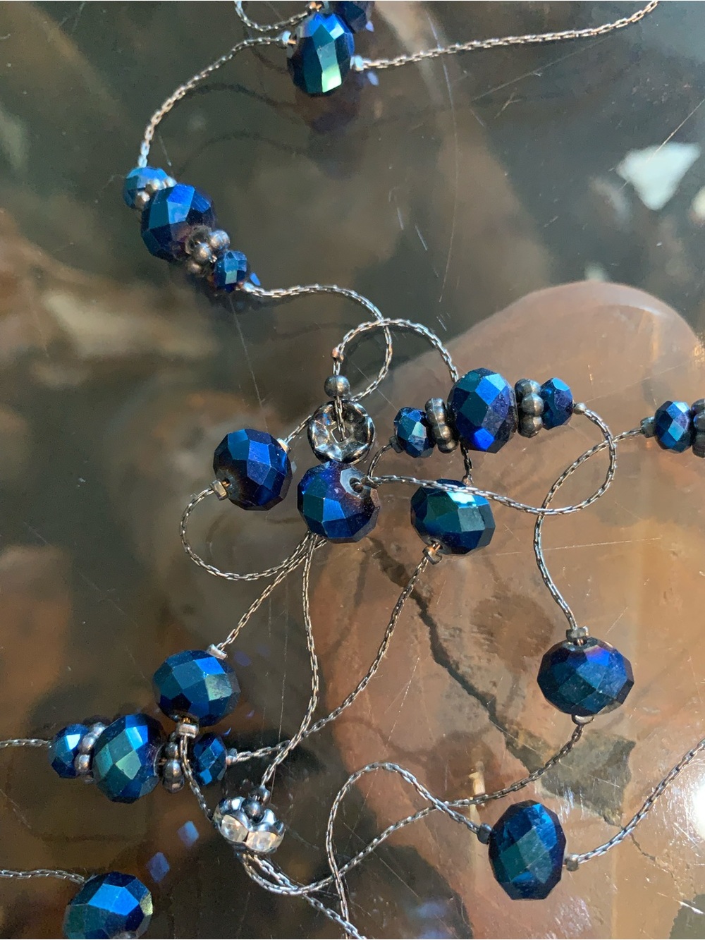 Iridescent Blue Faceted Bead Necklace with Silver Chain
